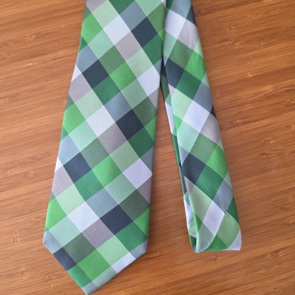 Tommy Hilfiger Mens Silk Necktie Green Blue Geometric Plaid Preppy Corp Tie - Picture 2 of 6